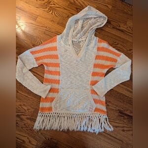 Miss Me Stripe Knit Fringe Hoodie Top Shirt Orange Cream size medium